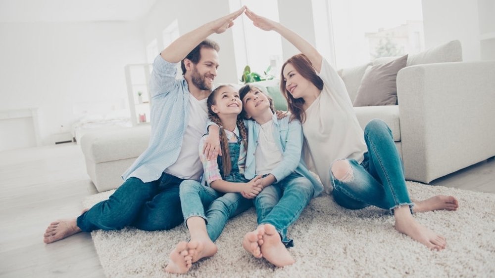 Happy family in new building-residential-house purchase apartment